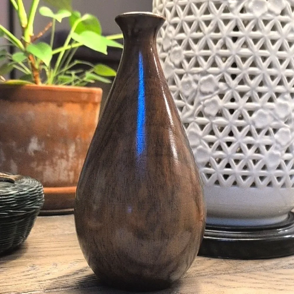 Hand Crafted Elegant Brown Wooden Vase With Green Accents